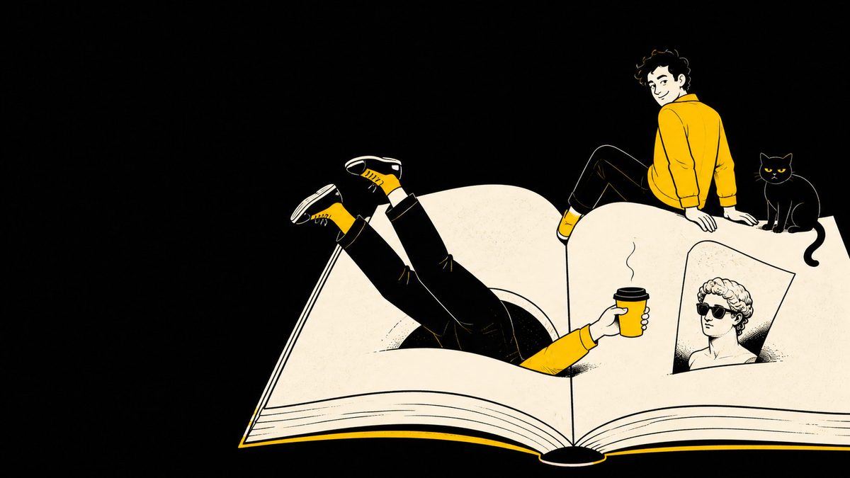 Ilustración de una persona entrando de cabeza en un libro abierto